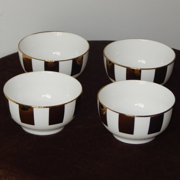 TRULLO Porcelain Golden Stripes 4.5” Ice Cream Fruits Dessert Bowls Set of 4 New - Picture 1 of 4
